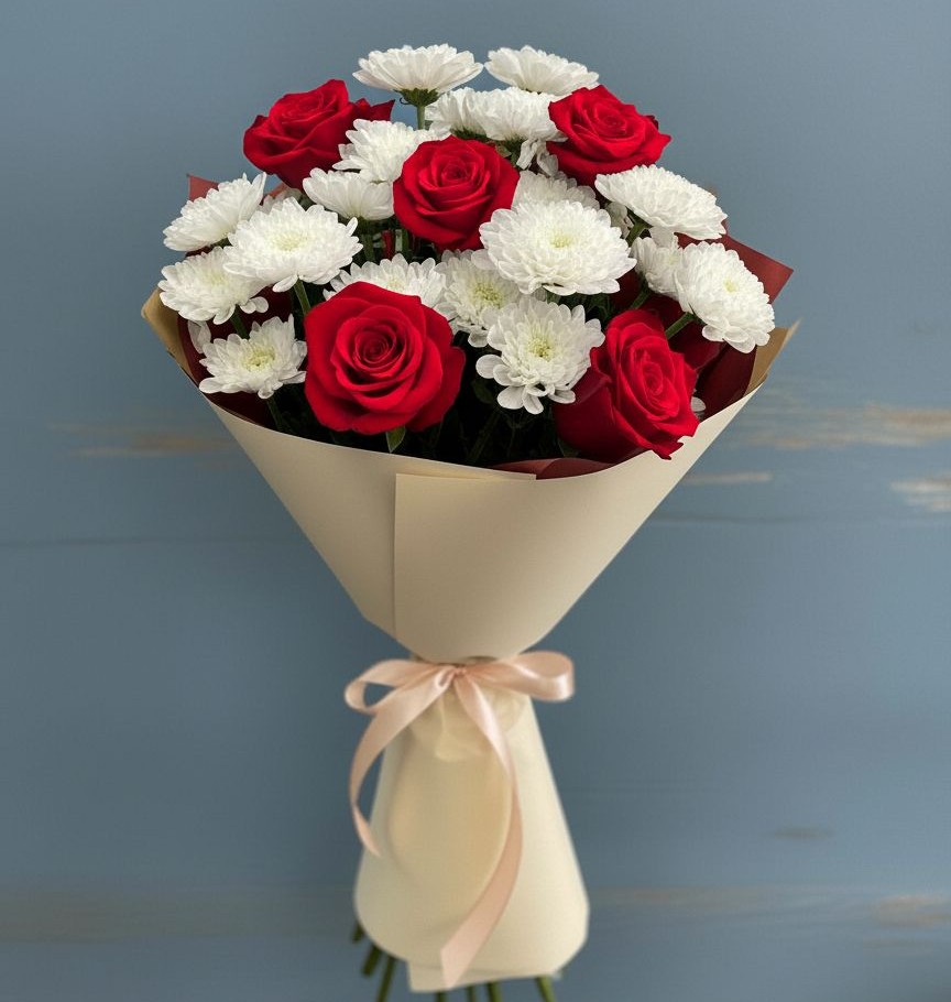 Букет цветов из: Розы и Хризантемы в Поселок имени Карла Либкнехта