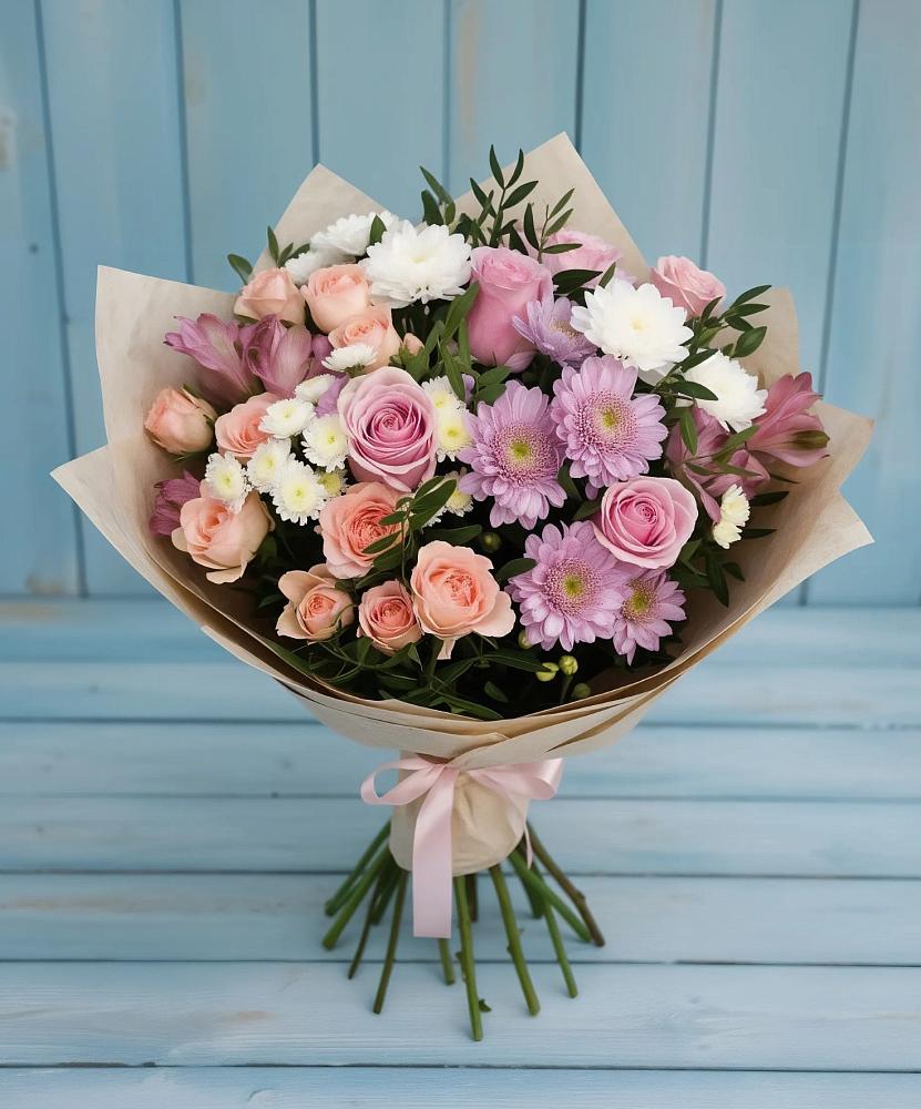 Букет цветов из: Хризантемы, Розы и Альстромерии в Поселок имени Карла Либкнехта