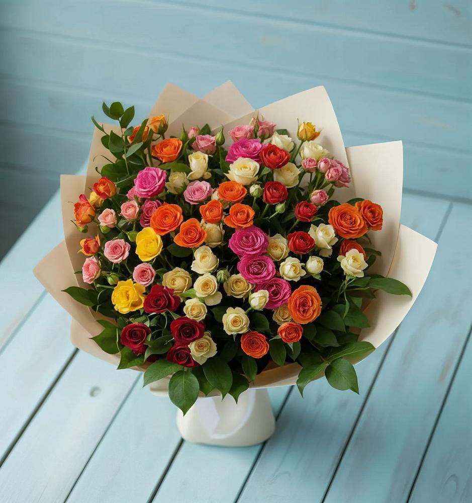 Букет Микс из разноцветных кустовых роз в Поселок имени Карла Либкнехта