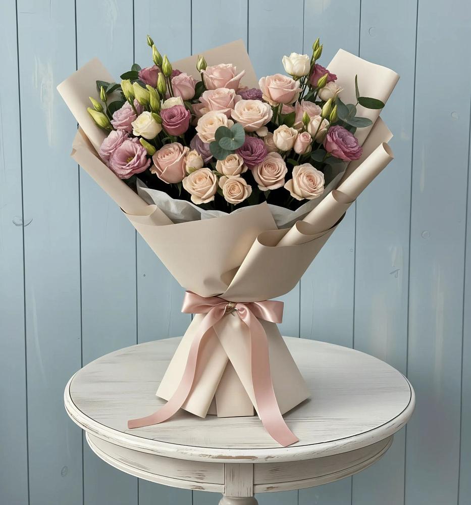 Букет цветов из: Розы и Лизиантусы в Поселок имени Карла Либкнехта