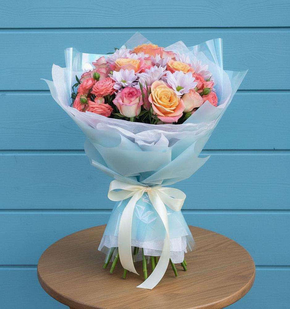 Букет цветов из: Хризантемы и Розы в Поселок имени Карла Либкнехта